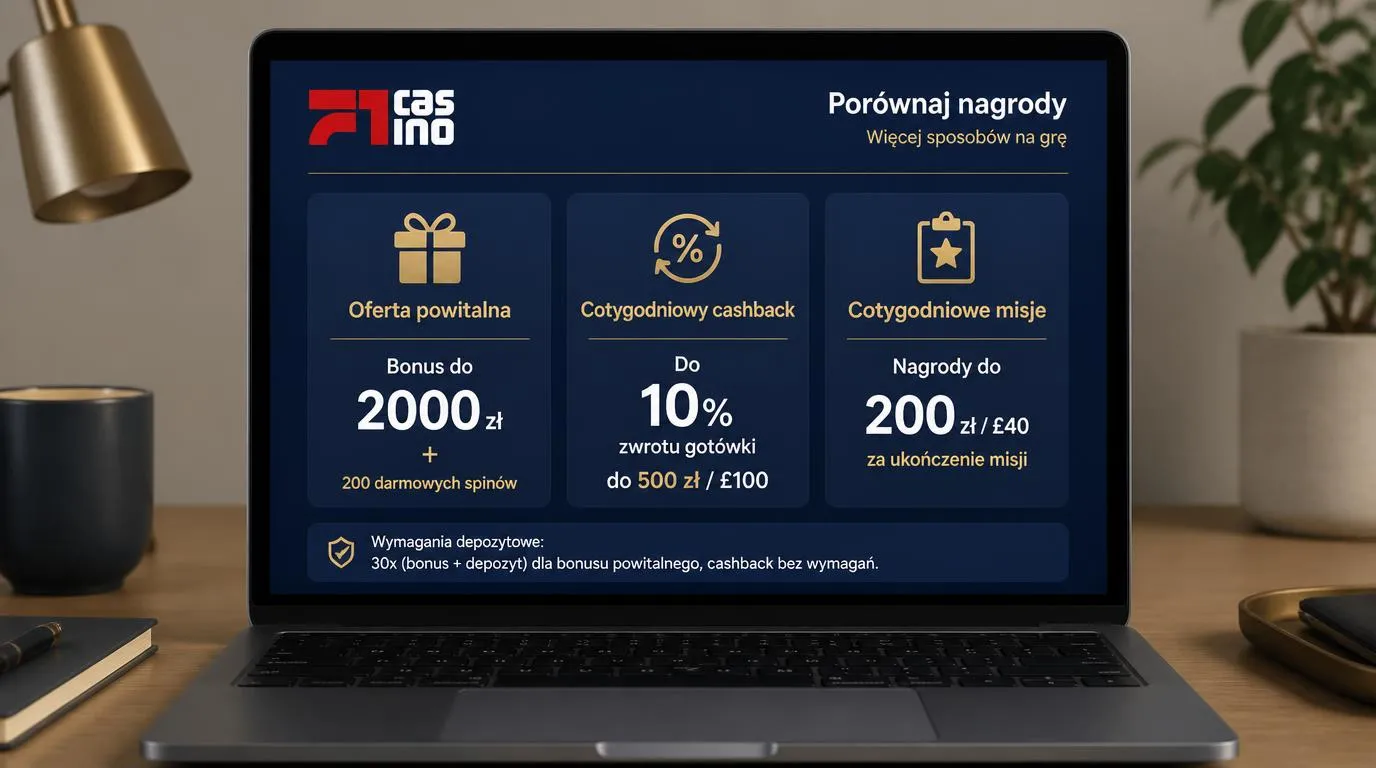 Ekran z zestawieniem oferty powitalnej, cashbacku i misji tygodniowych dla graczy w Polsce