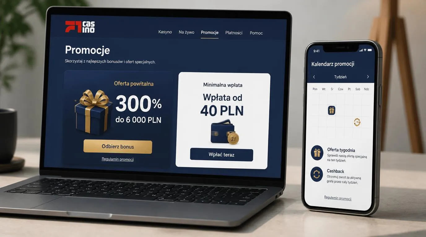Ekran promocji kasyna z bonusem 300% do 6 000 PLN, wpłatą od 40 PLN i ikoną nagród tygodniowych