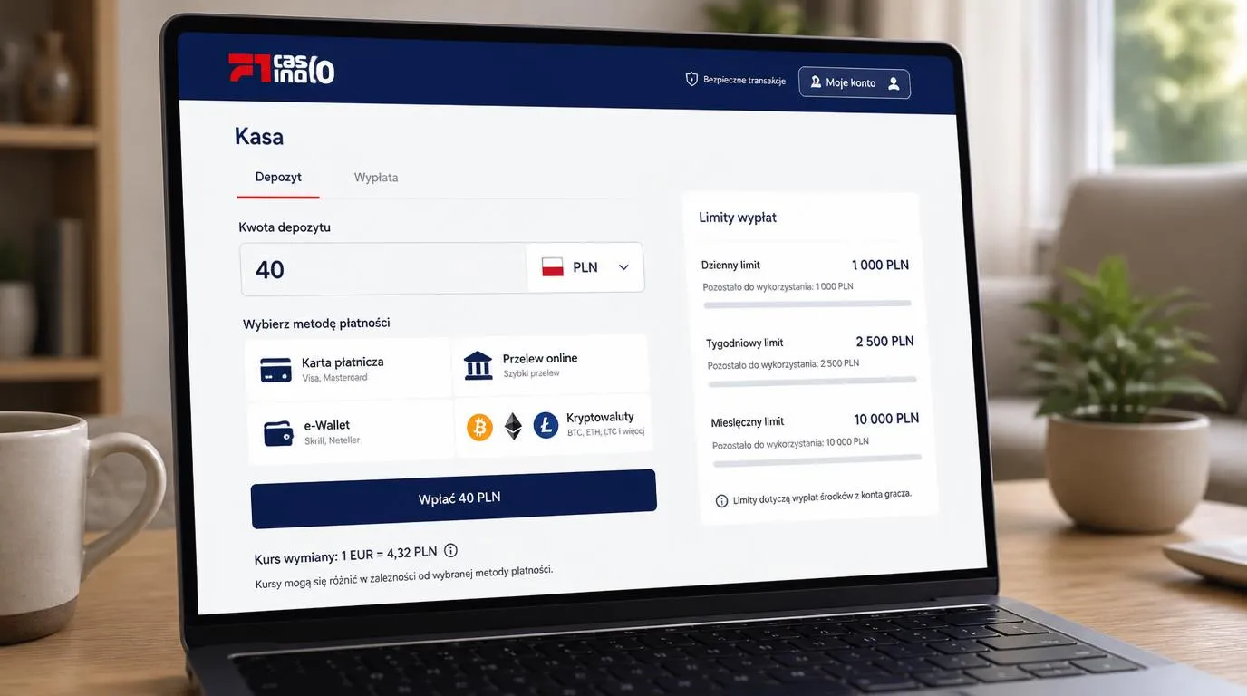 Panel płatności z kwotą w PLN, wyborem waluty oraz widocznymi limitami wypłat